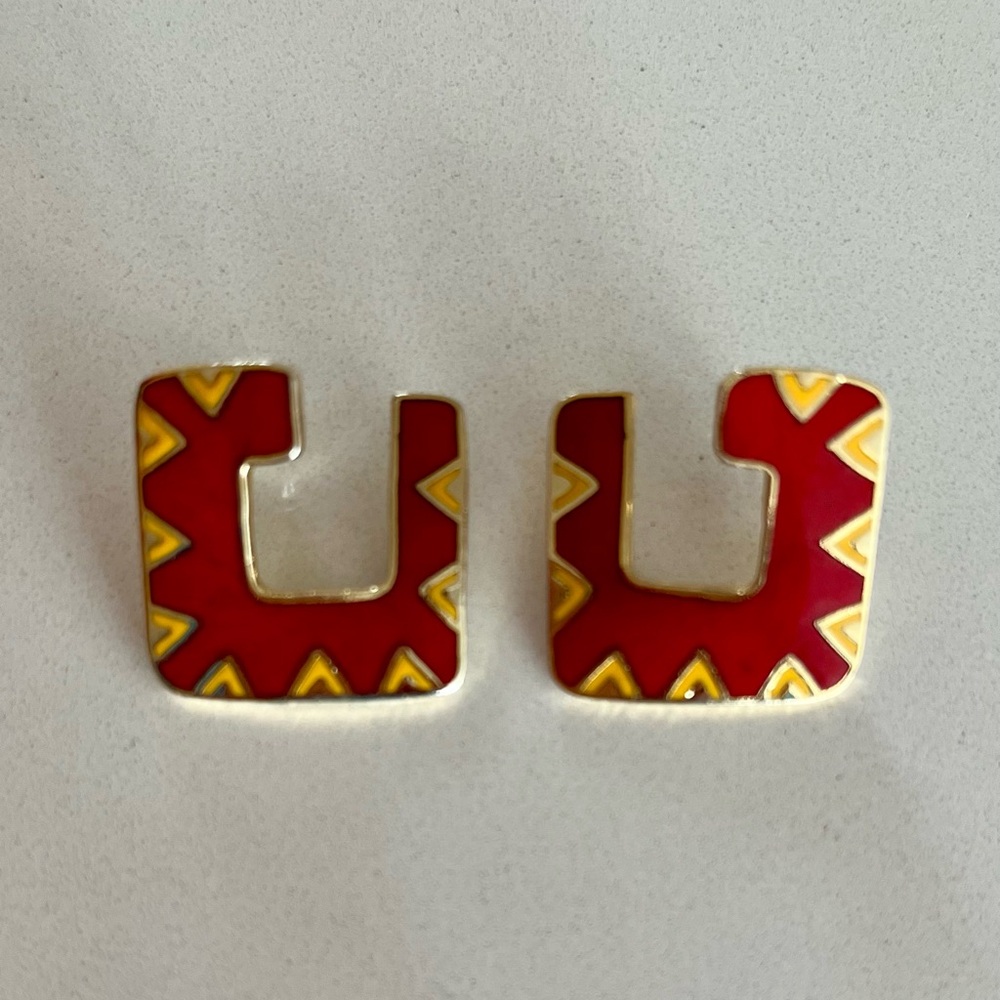 Vintage Laurel Burch “Galeza” cloisonné Red and Yellow Geometric stud earrings
